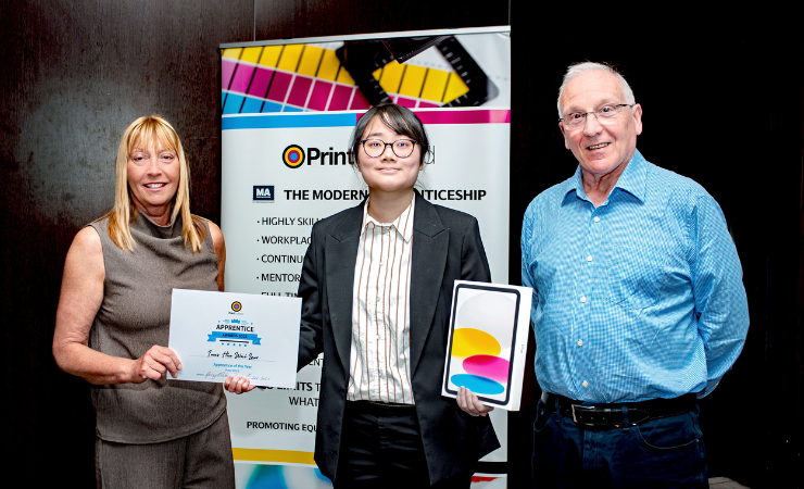 From left - Susan Graham, President of Print Scotland - Overall Apprentice of Year – Ines Hiu Wai Law, Spirit Labels Ltd - Jim McKenzie, Print Scotland’s Training Officer
